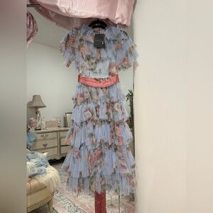 Needle & Thread Light Blue Floral Ruffle Tulle Dress with Pink Sash